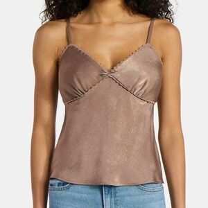 Babydoll Camisole Y2K Vibe Mocha Brown Size M Woven Cami Top Lace Trim Bow NWT